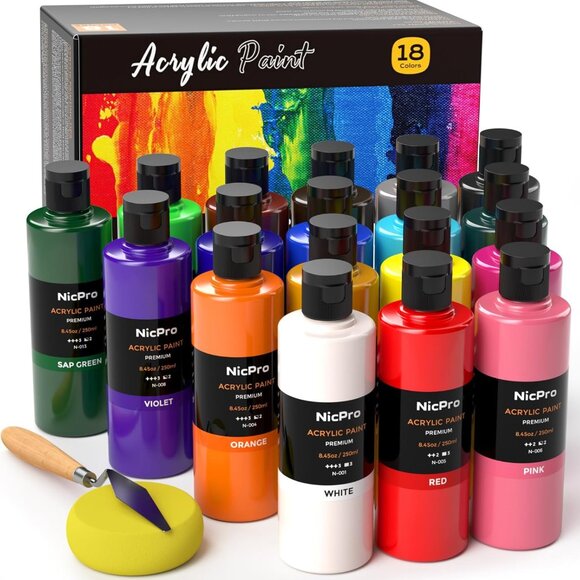 Bulk 18-Color Large Acrylic Paint Set with Bonus Palette Knife & Color Wheel for - Picture 1 of 6